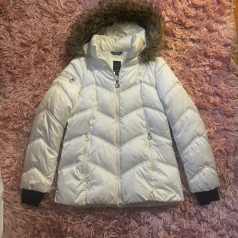 Nautica Women's Cream Puffer Jacket with Faux Fur Hood